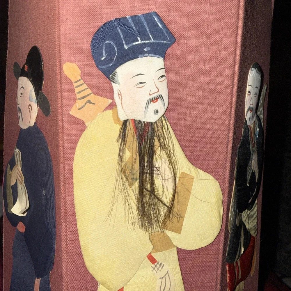 Vintage Chinese 8 Immortals Octagon Waste Basket Silk Paper Folding Garbage Can